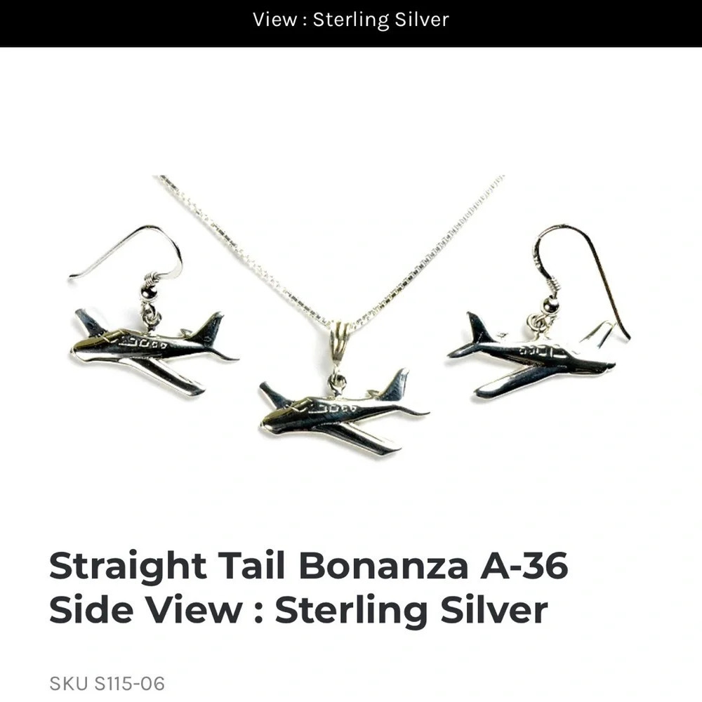 Aviation Jewelries Straight Tail Bonanza A-36 Sterling Silver earrings necklace
